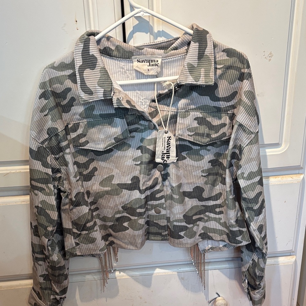 Savanna Jane Gray and Olive Corduroy Jacket with rhinestones tassels!